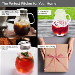 Urbane Home Premium 2 LTR Glass Jug with Stainless Steel Lid and Handle | Leakproof Pitcher for Water, Cold Brew, Tea, Iced Coffee, Lemonade | Heat Resistant | Housewarming Gift | Transparent