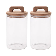 Kuber Industries 1000ml Glass Jars with Wooden Lid, Set of 2 | Airtight Kitchen Storage Containers | Moisture & Dust Proof | Transparent Jar with Handle