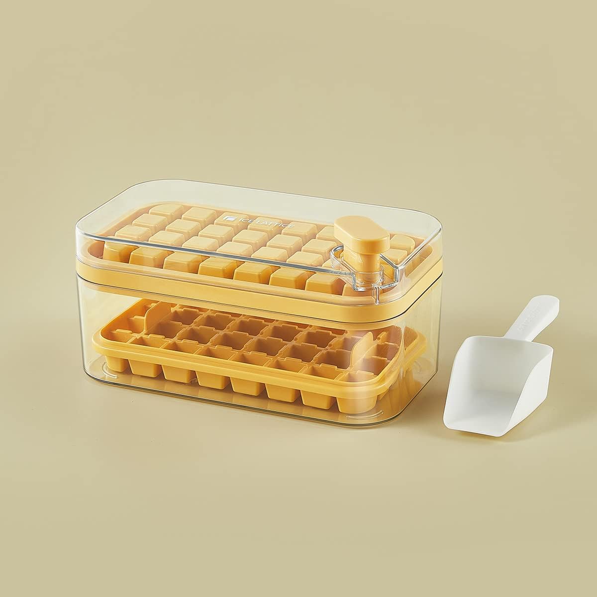 Kuber Industries 2 Layer Ice Cube Tray with Lid | Fridge Ice Cube container | 64 ice cube molds for freezing | One-Press Demolding | BPA Free | Orange