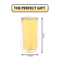 Kuber Industries 2 Pcs Double Walled Borosilicate Glass | High Thermal Resistance | Microwave & Dishwasher Safe | 240 ML | Pack of 1 | Yellow