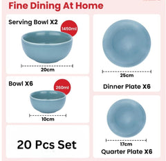 Heart Home 20 Pcs Ceramic Dinner Set | Dishwasher & Microwave Safe | Crockery Set for Dining & Gifting | 6 Pcs Full Plates & 6 Pcs Half Plate & 2 Pcs Serving Bowl & 6 Pcs Bowl | Blue