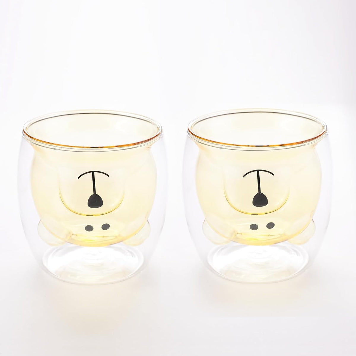 Kuber Industries Pack of 2 Cute Teddy Bear Cups | Heat Resistant |Borosilicate Double Wall Glass Cups | Scratch Proof | 250 ML | Yellow