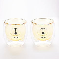 Kuber Industries Pack of 2 Cute Teddy Bear Cups | Heat Resistant |Borosilicate Double Wall Glass Cups | Scratch Proof | 250 ML | Yellow