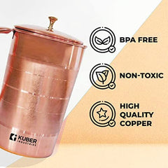 Kuber Industries Pure Copper Jug and Glass Set | BPA Free, Non Toxic, Rustproof, Durable, Lightweight | Jug with Lid| 2pcs Glass Set | Jug- 1.5L, Glass- 300ml Each