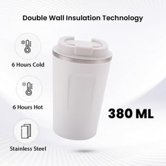Kuber Industries Stainless Steel Insulated Coffee Cup With Sipper Mouth|Travel Coffee Mug "380 ML"-Pack of 3|White|