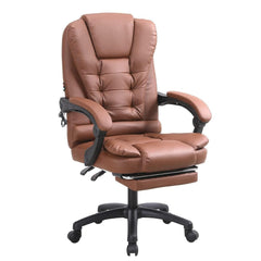 Kuber Industries Leather Office Chairs for Work From Home | Comes with Manual Height Adjustable, Armrest, Headrest & Lumbar Support | Comfy Chair for Students with Wheels & Footrest | Brown | 808M-BRN