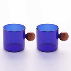 Kuber Industries 2 Pcs Borosilicate Glass Coffee Cups | Cup with Wooden Ball Handle | High Heat Resistant | Microwave and Dishwasher Safe | 120 ML | Pack of 1 | Blue