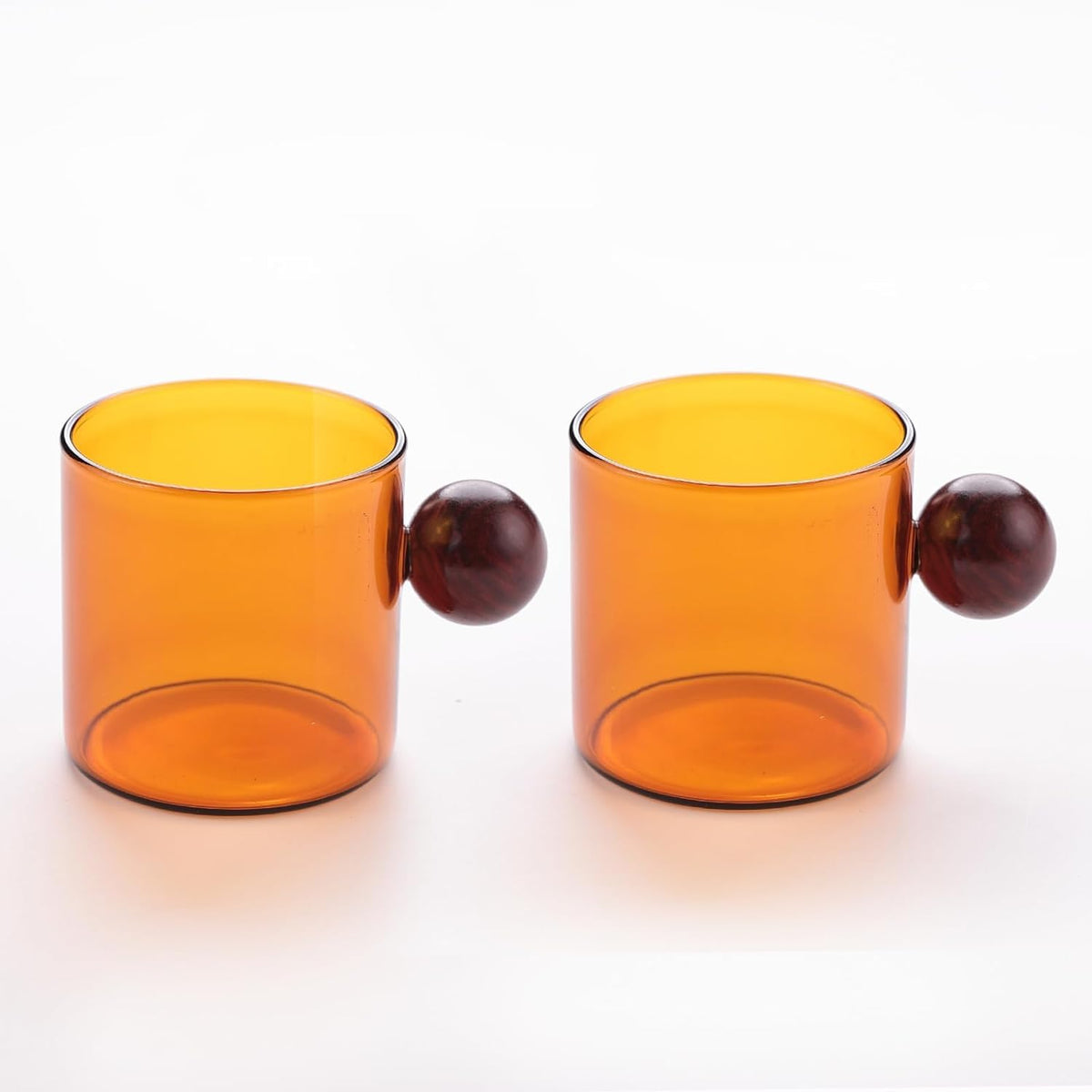 Urbane Home 2 Pcs Borosilicate Glass Coffee Cups | Cup with Wooden Ball Handle | High Heat Resistant | Microwave and Dishwasher Safe | 120 ML | Pack of 1 | Amber