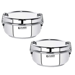 Kuber Industries Pack of 2 Stainless Steel Food Pack Lunch Box with Steel Separator Plate and Locking Clip, 1 Pc-250 ml Capacity