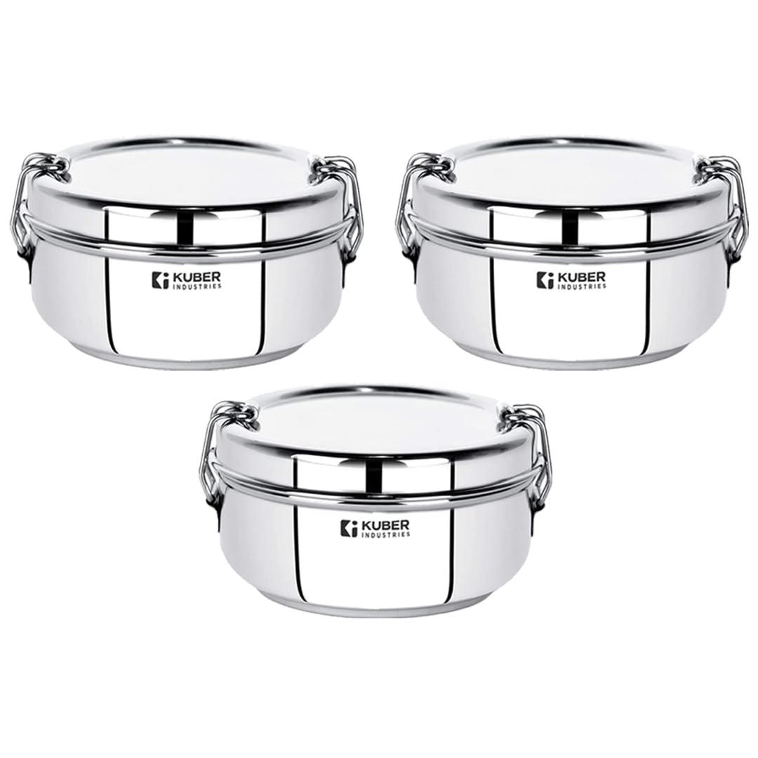 Kuber Industries Stainless Steel Food Pack Lunch Box with Steel Separator Plate and Locking Clip, 1 Pc-400 ml Capacity (Pack of 3)