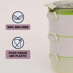 Kuber Industries Insulated Lunch Box with 3 Compartments|100% BPA Free, Food Grade ABS Plastic|Leakproof & Spill Proof|Dishwasher & Microwave Safe Lunch Box|3000 ML|HX0032531|Green (Pack of 5)