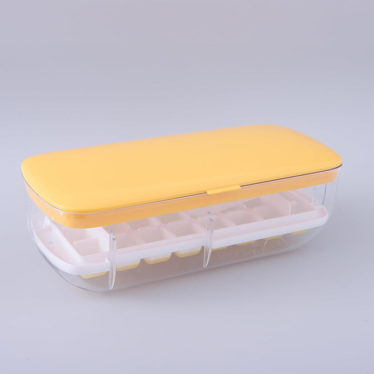 Kuber Industries Ice Cube Tray with Lid | Ice Cube Storage Box with Ice Scoop | 24 Ice Cube Molds for Freezing | One-Press Demolding | BPA Free | Yellow
