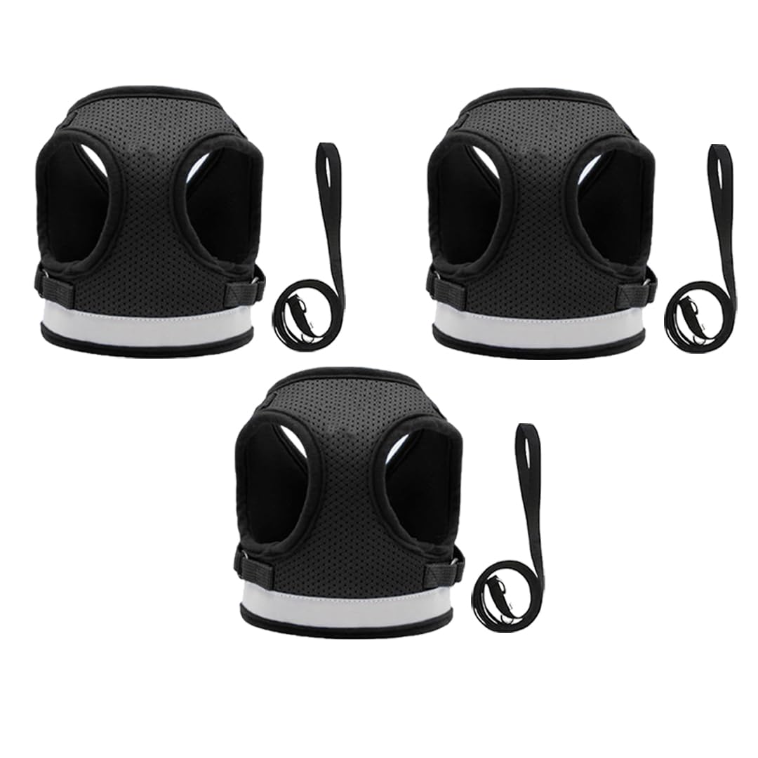 Kuber Industries Reflective Dog Harness with Adjustable Leash|Breathable Polyester Mesh Fabric |Small Size|HT-844|Comfortable No-Pull Grip|Quick Release Buckles|Easy On-Off Harness|Black (Pack of 3)