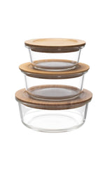 Kuber Industries Set of 3 Borosilicate Galss 950ml, 650ml, 400ml Round Food Kitchen Containers Set with Bamboo Lid | Multipurpose Storage Box for Fridge Organizers | LB301RD-Transparent