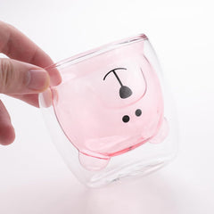 Kuber Industries 2 Pcs Cute Teddy Bear Cups | Borosilicate Double Wall Glass Cups | Microwave Safe | Heat Resistant | Scratch Proof | 250 ML | Pack of 1 | Pink