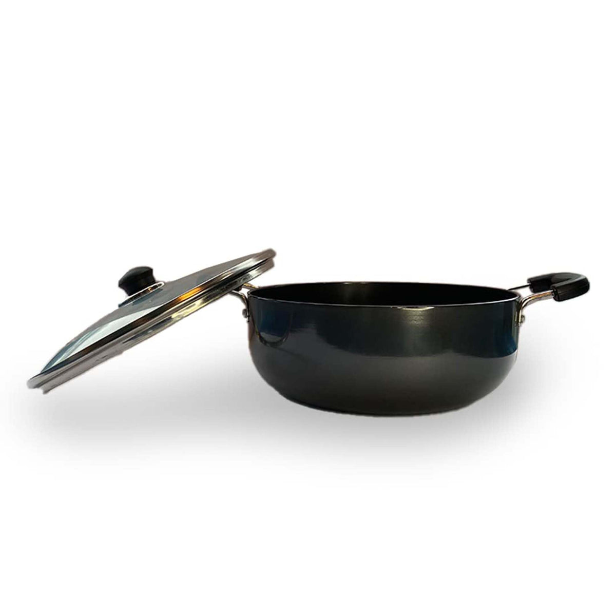 Heart Home 2.4L Aluminium Non-Stick Kadai for Cooking with Riveted Bakelite Handle & Lid | Deep Fry Cookware Wok for Kitchen | Kadhai Induction Base for Cooking Chinese | Black