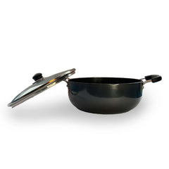 Heart Home 2.4L Aluminium Non-Stick Kadai for Cooking with Riveted Bakelite Handle & Lid | Deep Fry Cookware Wok for Kitchen | Kadhai Induction Base for Cooking Chinese | Black