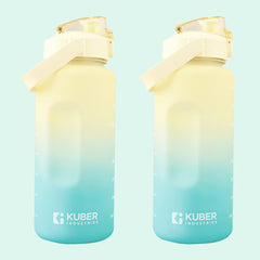 Kuber Industries 2 Litre Water Bottle with Time Marker|BPA Free,Leakproof,Non-Toxic & Durable|Sipper Water Bottle for Kids & Adults with Straw|for Gym,Home,Office & School |Yellow & Blue (Pack of 2)