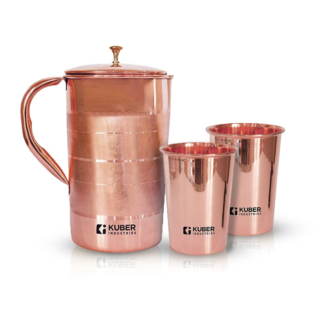 Kuber Industries Pure Copper Jug and Glass Set | BPA Free, Non Toxic, Rustproof, Durable, Lightweight | Jug with Lid| 2pcs Glass Set | Jug- 1.5L, Glass- 300ml Each