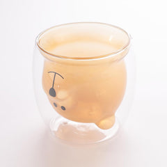 Kuber Industries Pack of 2 Cute Teddy Bear Cups | Heat Resistant |Borosilicate Double Wall Glass Cups | Scratch Proof | 250 ML | Amber