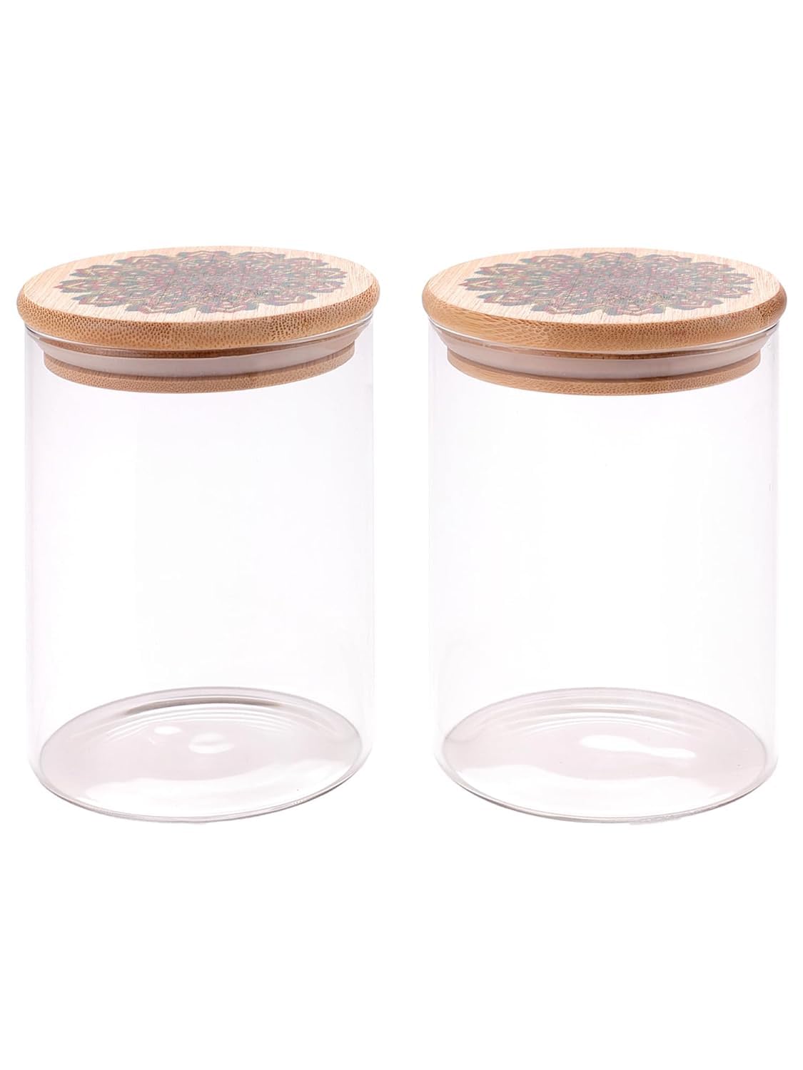 Homestic Borosilicate Glass Jar with Printed Bamboo Lid|Kitchen Organizer Items and Storage|Multi-utility, Leakproof, Airtight Storage Jar for Cookies,Snacks,Tea,Coffee,Sugar|Pack of 2(600ml)