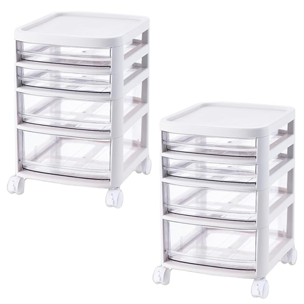 Kuber Industries 4 Layer Cosmetic Cabinet with Trolley|4-Tier Rolling Cart Storage Organizer|Shelf Stand With Drawer|pack of 2|White