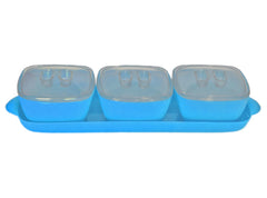 Heart Home Food Grade Microwave Safe Plastic 1 Tray & 3 Bowls Set with Silicon Rubberized Ring Lid (Blue)-50HH01372
