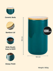 Kuber Industries 1000ml Ceramic Jar for Kitchen Storage | Air Tight Containerwith Bamboo Lid | Kitchen Container for Snacks, Tea, Sugar | Multipurpose Organizer | Teal | Pack of 2
