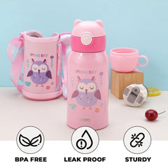 Kuber Industries Water Bottle for Kids | Owl Design Stainless Steel Flask with Straw, Cup & Fabric Cover | Food Grade Plastic Lid | Broad Fabric Strap | Leak Proof, BPA Free | 500 ml (Pack of 6)