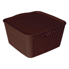 Heart Home Netted Design Unbreakable Multipurpose Square Shape Plastic Storage Baskets with lid Large Pack of 3 (Brown)