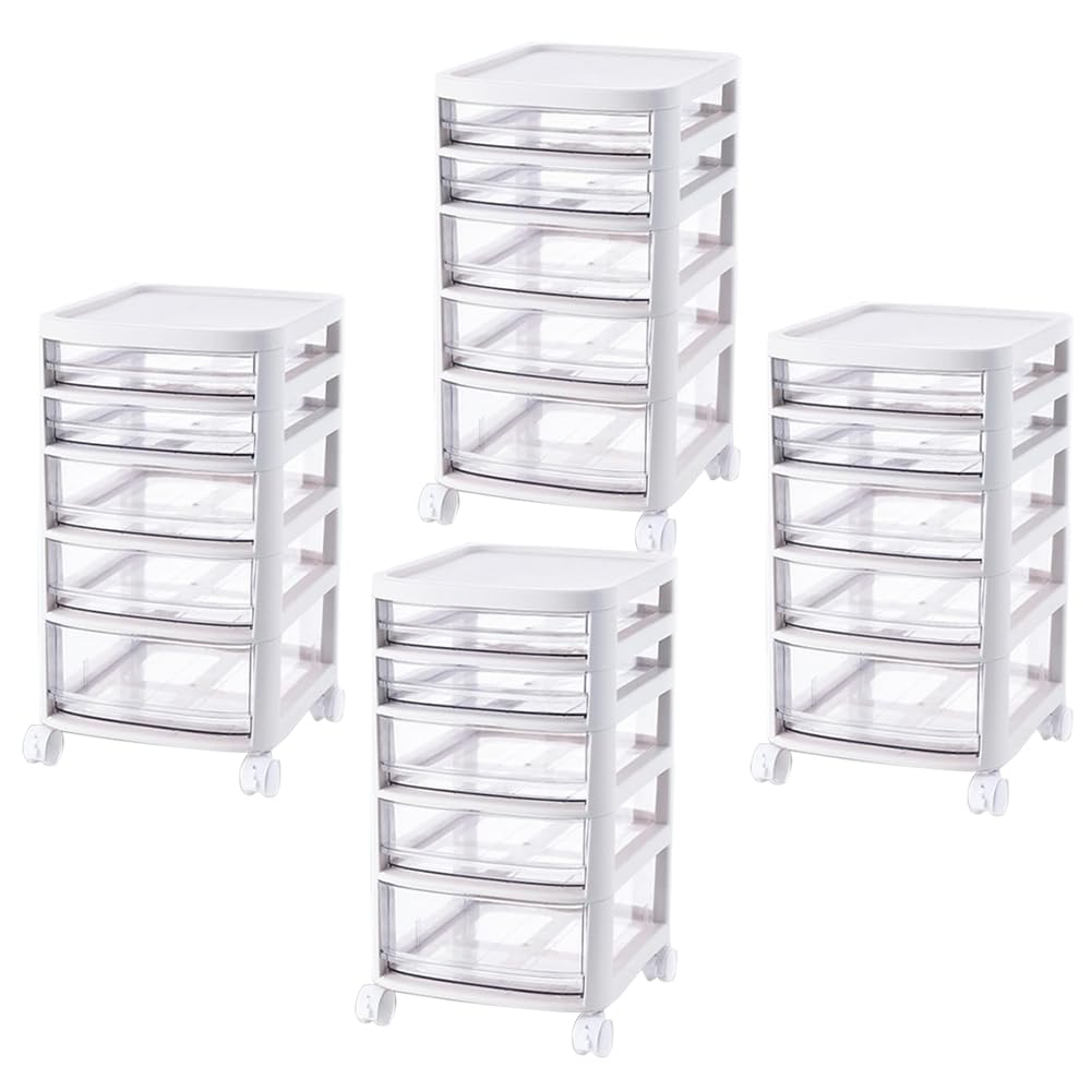 Kuber Industries 5 Layer Cosmetic Cabinet with Trolley|5-Tier Rolling Cart|Shelf Stand With Drawer|Pack of 4|White