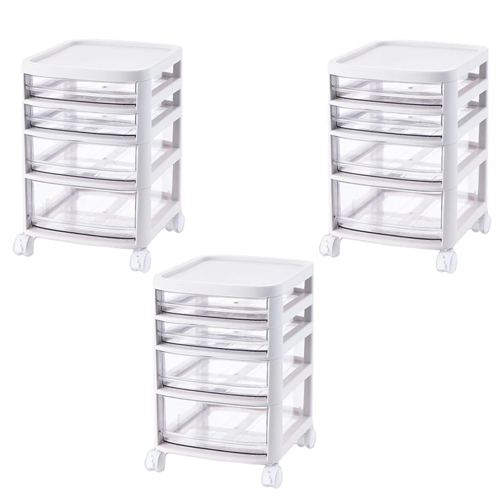 Kuber Industries 4 Layer Cosmetic Cabinet with Trolley|4-Tier Rolling Cart Storage Organizer|Shelf Stand With Drawer|pack of 3|White