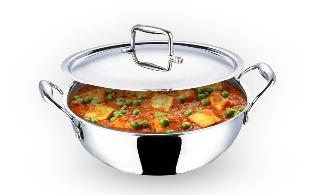 Urbane Home Tri-ply Stainless Steel Kadhai with lid I Induction Base I 2.2 litres Capacity I 22cm Diameter I Extra Deep Frying Pan I Riveted Handles