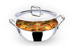 Urbane Home Tri-ply Stainless Steel Kadhai with lid I Induction Base I 2.2 litres Capacity I 22cm Diameter I Extra Deep Frying Pan I Riveted Handles