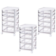 Kuber Industries 5 Layer Cosmetic Cabinet with Trolley|5-Tier Rolling Cart|Shelf Stand With Drawer|Pack of 3|White