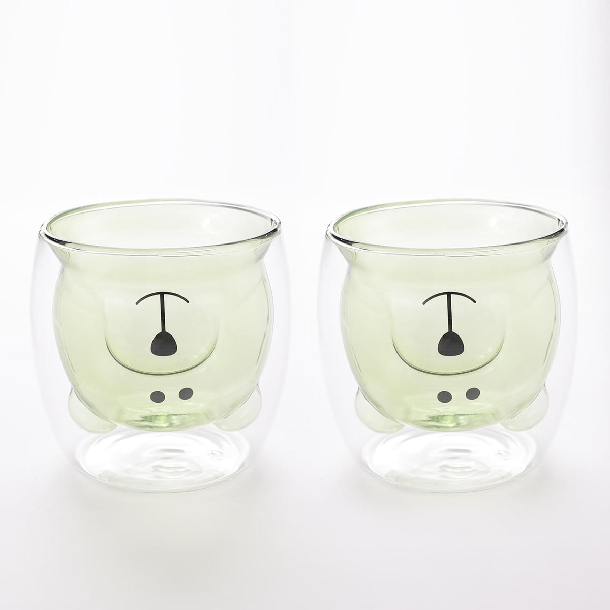 Heart Home 2 Pcs Cute Teddy Bear Cups | Borosilicate Double Wall Glass Cups | Microwave Safe | Heat Resistant | Scratch Proof | 250 ML | Pack of 1 | Green
