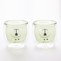 Heart Home 2 Pcs Cute Teddy Bear Cups | Borosilicate Double Wall Glass Cups | Microwave Safe | Heat Resistant | Scratch Proof | 250 ML | Pack of 1 | Green