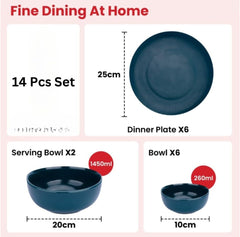 Kuber Industries 14 Pcs Ceramic Dinner Set | Dishwasher & Microwave Safe | Crockery Set for Dining & Gifting | 6 Pcs Dinner Plates & 2 Pcs Serving Bowl & 6 Pcs Bowl | Green
