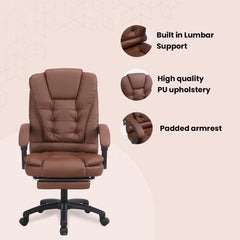 Kuber Industries Leather Office Chairs for Work From Home | Comes with Manual Height Adjustable, Armrest, Headrest & Lumbar Support | Comfy Chair for Students with Wheels & Footrest | Brown | 808M-BRN