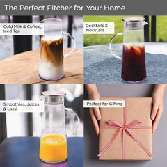 Homestic Premium 1.3 LTR Glass Jug with Stainless Steel Lid and Handle | Leakproof Pitcher for Water, Cold Brew, Tea, Iced Coffee, Lemonade | Heat Resistant | Housewarming Gift | Pink
