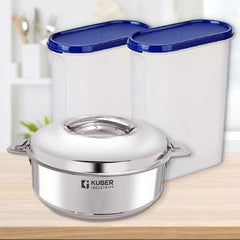 Kuber Industries Stainless Steel Casserole & Plastic conatiner I Casserole (2000 ML) & Kitchen Container Set of 2 (2500 ML)