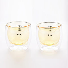 Kuber Industries Pack of 2 Cute Teddy Bear Cups | Heat Resistant |Borosilicate Double Wall Glass Cups | Scratch Proof | 250 ML | Yellow