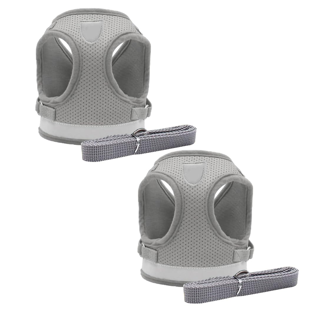 Kuber Industries Reflective Dog Harness with Adjustable Leash|Breathable Polyester Mesh Fabric |Small Size|HT-844|Comfortable No-Pull Grip|Quick Release Buckles|Easy On-Off Harness|Grey (Pack of 2)