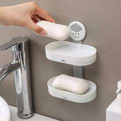 Kuber Industries Pack of 3 Soap Holder | 2-Tier Bathroom Soap Tray | Soap Holder for Kitchen Sink | Wash Basin Soap Holder | Hanging Sink Organizer Plate | Self Adheshive Soap Holder | 9658WH | White