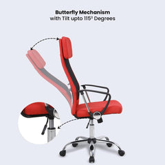 Kuber Industries Ergonomic Office Chairs for Work From Home | Comes with Manual Height Adjustable, Armrest, Headrest & 2D Lumbar Support | Comfy Study Chair for Students with Wheels | Red | MC10-RD