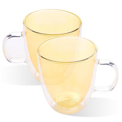 Kuber Industries 6 Pcs Glass Coffee Mugs | Borosilicate Double Walled Glass Mug | High Heat Resistant | Microwave and Dishwasher Safe | 400 ML | Pack of 3 | Yellow
