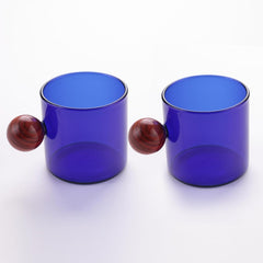 Kuber Industries 2 Pcs Borosilicate Glass Coffee Cups | Cup with Wooden Ball Handle | High Heat Resistant | Microwave and Dishwasher Safe | 120 ML | Pack of 1 | Blue