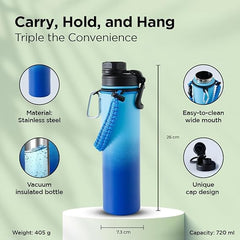 Kuber Industries Water Bottle | Steel Water Bottle for Daily Use | Vacuum Insulated Flask Water Bottle with Rope | Hot & Cold Water Bottle | 720 ML | LX-230603 | Pack of 6 | Black & Gray
