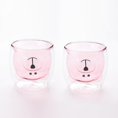 Kuber Industries 2 Pcs Cute Teddy Bear Cups | Borosilicate Double Wall Glass Cups | Microwave Safe | Heat Resistant | Scratch Proof | 250 ML | Pack of 1 | Pink