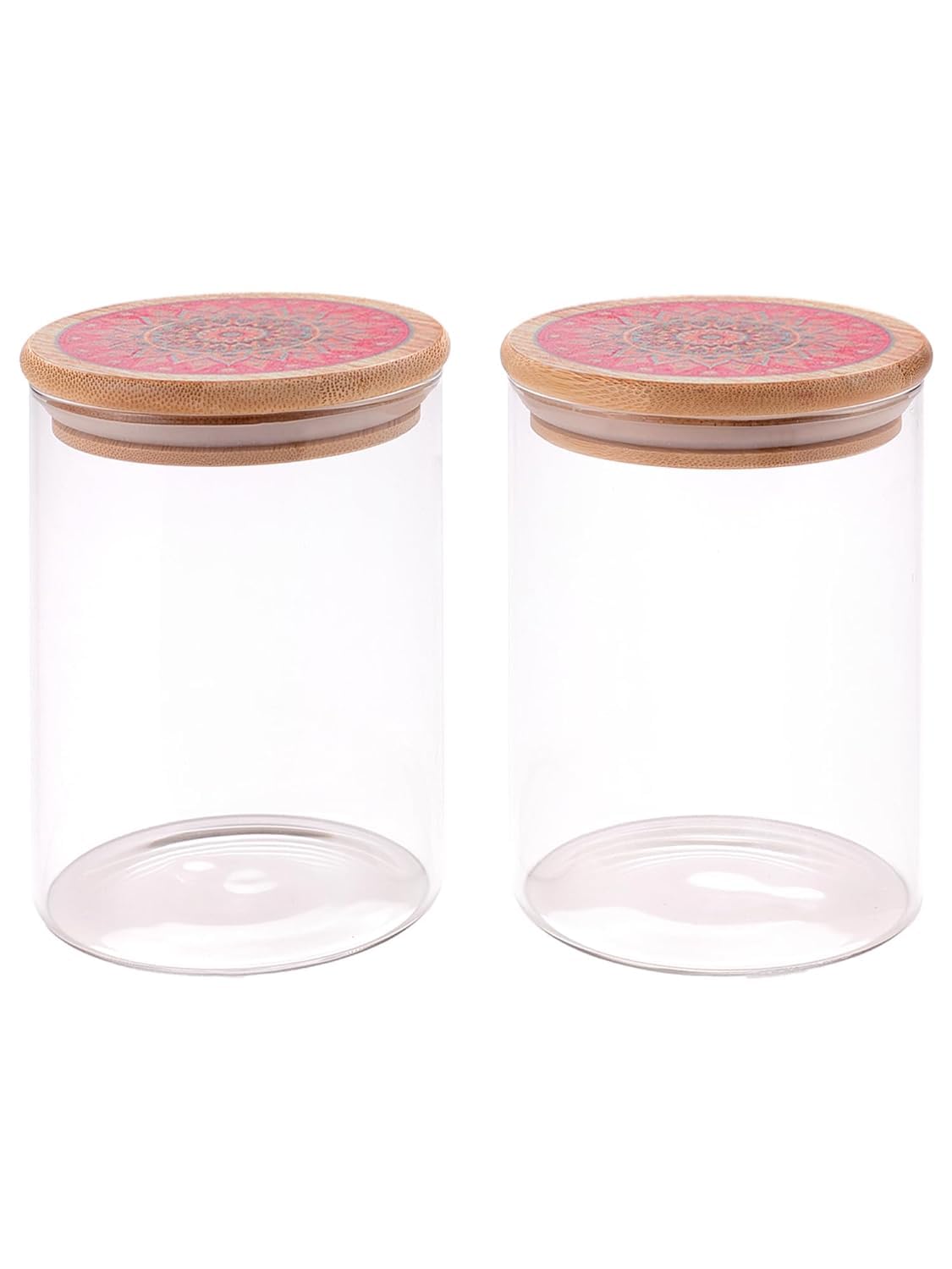 Homestic Borosilicate Glass Jar with Printed Bamboo Lid|Kitchen Organizer Items and Storage|Multi-utility, Leakproof, Airtight Storage Jar for Cookies,Snacks,Tea,Coffee,Sugar|Pack of 2(600ml)